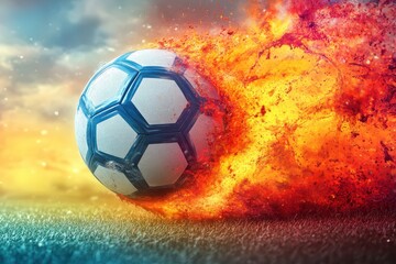 Naklejka premium Dynamic soccer ball bursts into flames during an intense match at sunset, showcasing the thrill of the game
