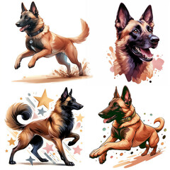 Colorful illustrations of a Belgian Malinois in various playful poses showcasing its agility and expression in an artistic manner