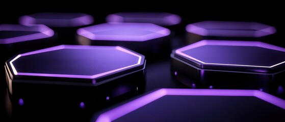 Futuristic hexagonal shapes illuminated with purple light on a dark background.