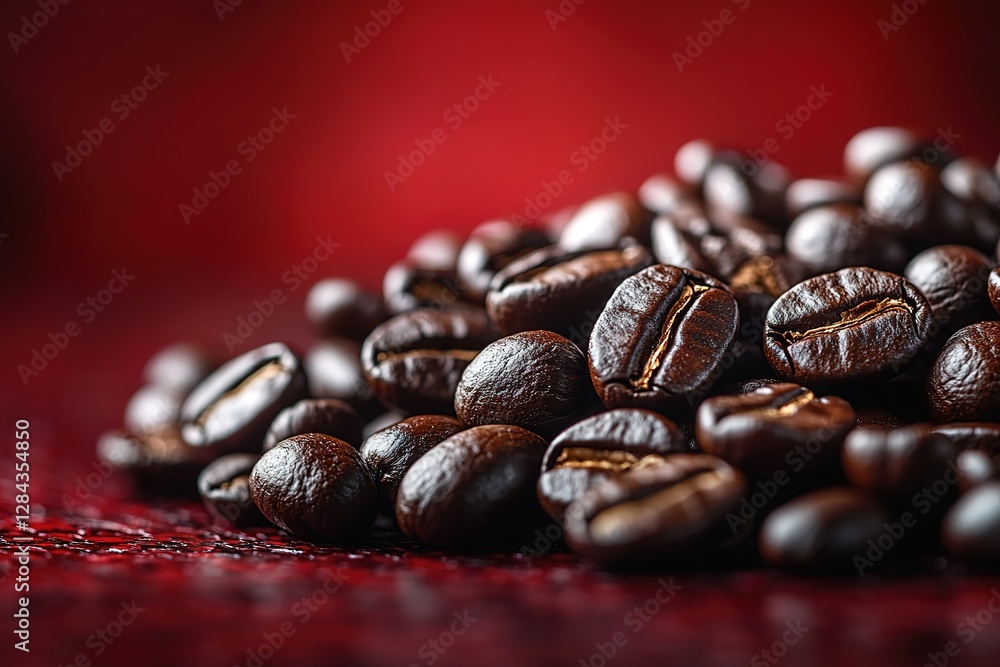 Poster roasted coffee beans against a deep red background aromatic and visually appealing ideal for coffee 