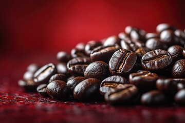 Fototapeta premium Roasted coffee beans against a deep red background Aromatic and visually appealing ideal for coffee enthusiasts and related concepts