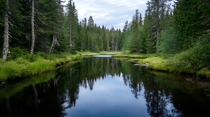 Obraz premium Peaceful Nature Scene of a Calm Lake Surrounded by Lush Green Forest Landscape : Generative AI