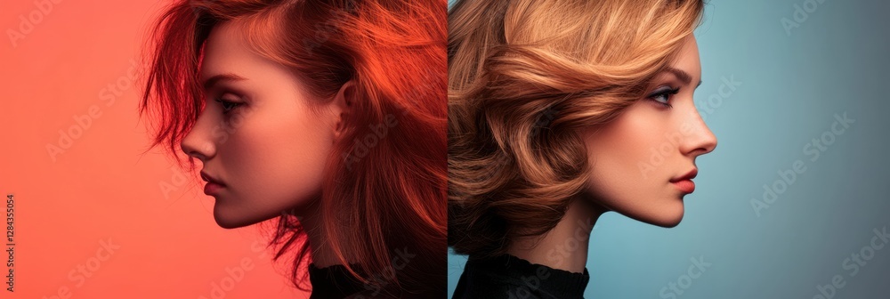 Poster transformation of hairstyle showcasing two contrasting styles in a studio setting. generative ai