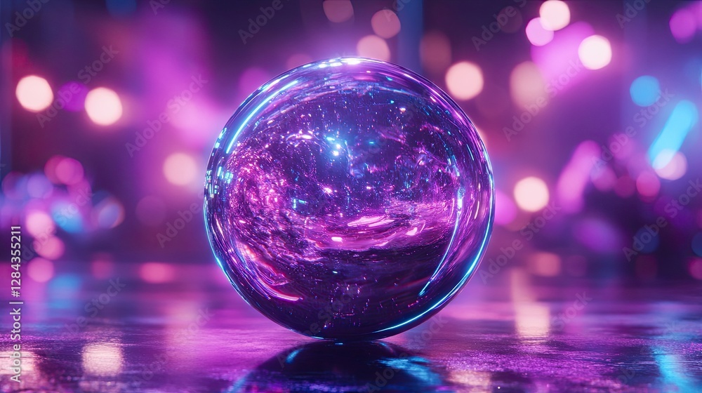 Poster a glass holographic sphere that's transparent shows cascading lines against an illuminated backgroun