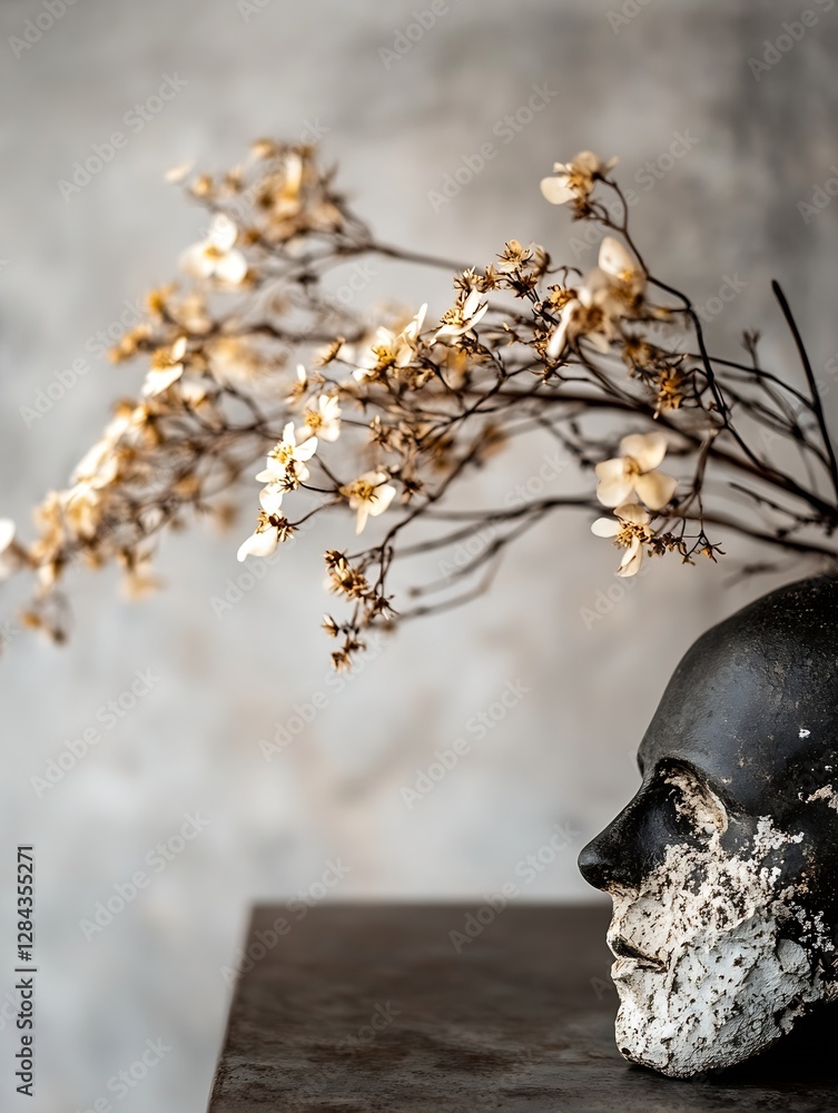 Poster artistic still life with a skull planter holding delicate flowers against a minimalistic background 