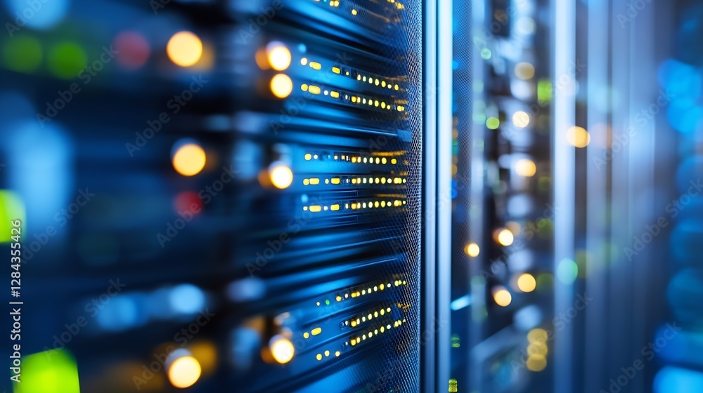 Fototapete Close up of bright data center server racks filled with blinking lights and storage units functioning efficiently : Generative AI