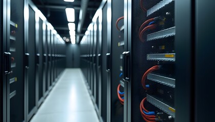Modern server room with powerful server unit and blue glow