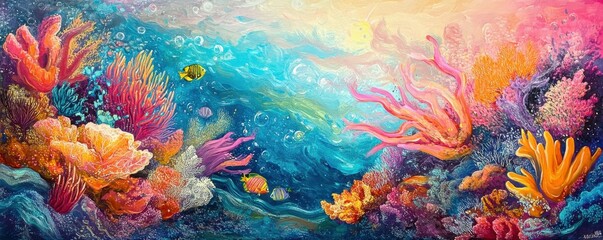 Vibrant underwater coral reef scenery with colorful marine life