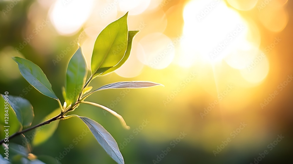 Aufkleber Sunkissed leaves with a soft glow and bokeh effect creating a tranquil atmosphere in nature : Generative AI