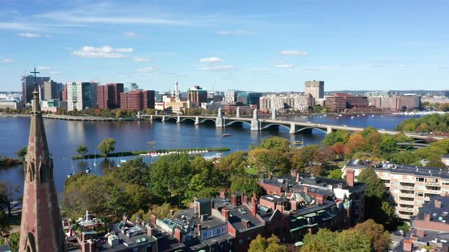 Drone Reveal from Historic Boston Church to Longfellow Bridge