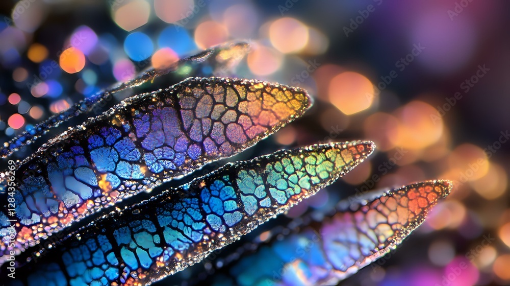 Poster rainbow colors and bokeh background create magical macro nature photography effect. delicate veined 