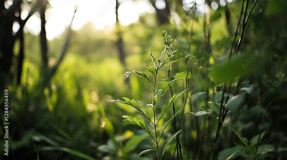 Poster bright green foliage in a sunlit forest creating a serene nature atmosphere : generative ai