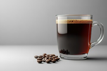 Coffee in a clear glass mug with beans Minimalistic background beverage photography