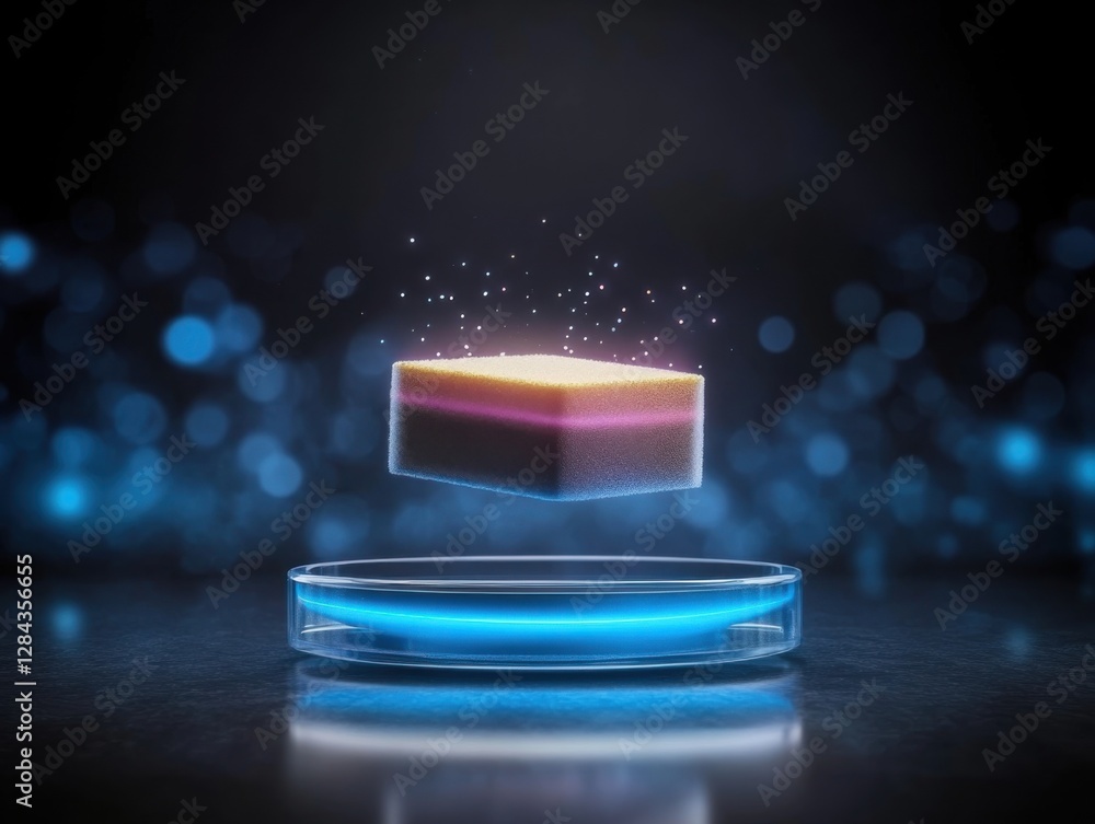 Poster a glowing cube hovers above a circular base, surrounded by shimmering blue particles, creating a fut