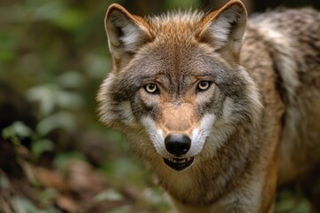 Naklejka premium Gray wolf in wooded area, embodying the natural predator instincts of a pack animal.