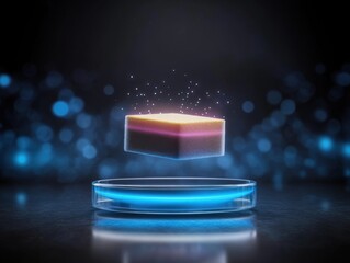 A glowing cube hovers above a circular base, surrounded by shimmering blue particles, creating a futuristic and mystical atmosphere.