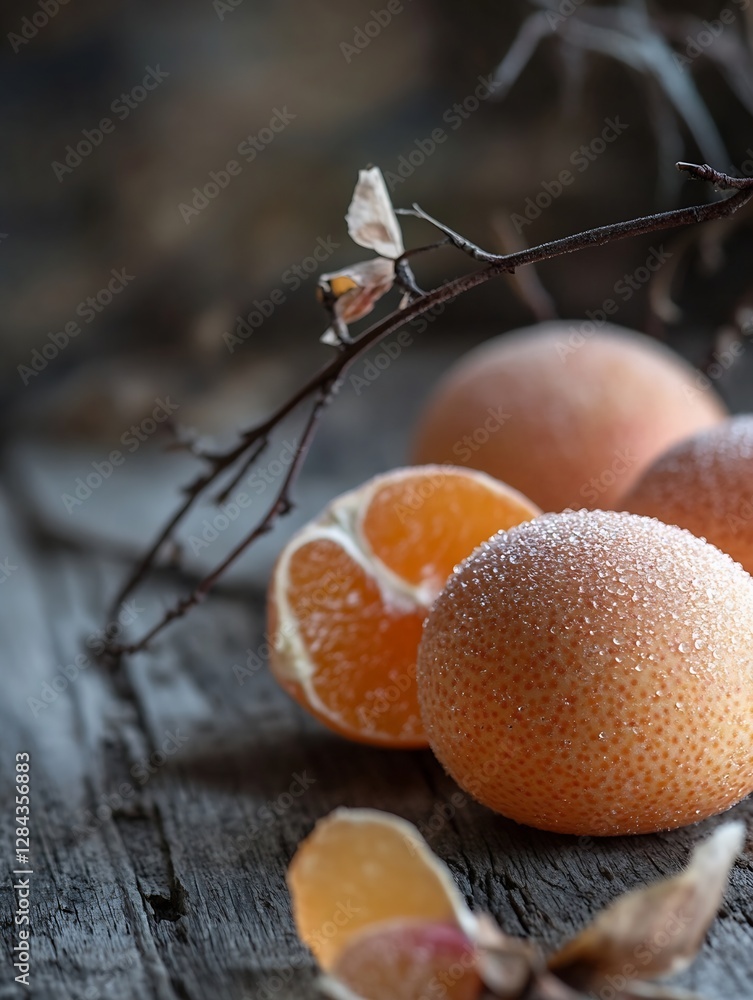 Poster fresh juicy oranges with dewdrops on wooden table surrounded by natural elements : generative ai