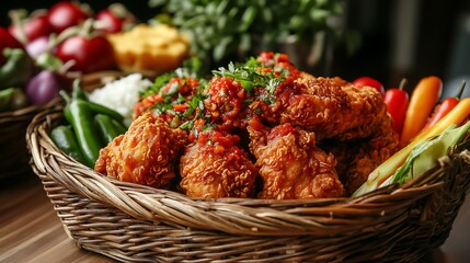 A rich spread of culinary delights featuring crispy fried chicken sambal and fresh vegetables served in a woven basket