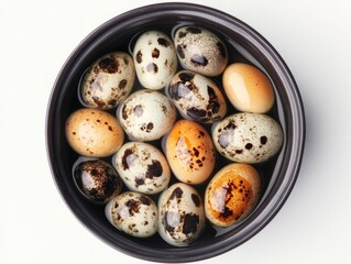 Obraz premium Close-up view of brown and white patterned duck or quail eggs in a bowl. The eggs have unique brown specks on their shells.