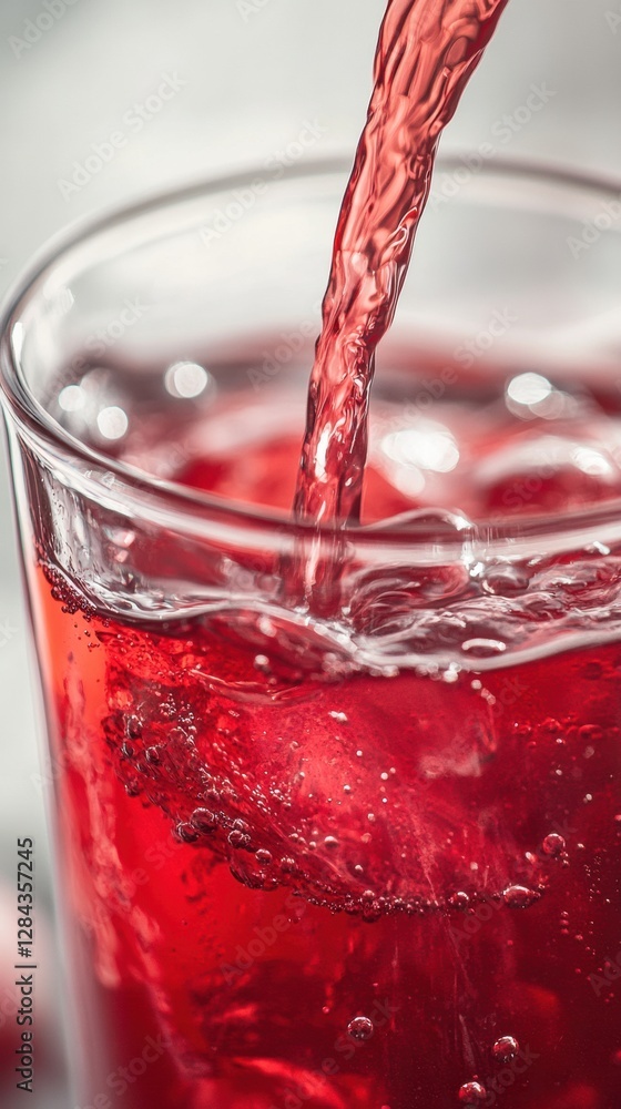 Poster Refreshing red beverage being poured into a glass filled with ice and bubbles on a bright surface. Generative AI