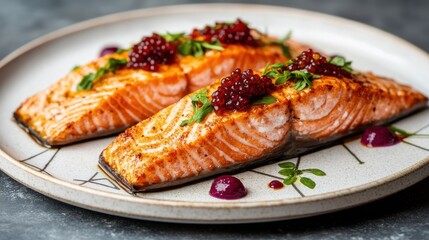 A beautifully plated dish featuring salmon fillets topped with garnishes and caviar, showcasing vibrant colors and an exquisite presentation.