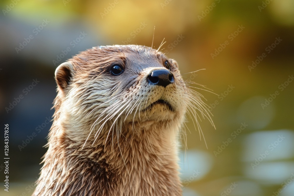 Poster curious river otter observing its surroundings at a serene waterway during daytime. generative ai
