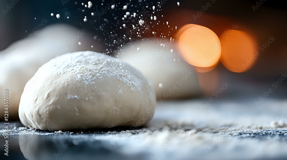 Poster raw dough ball on floured surface with bokeh lights in background, macro food photography showing te