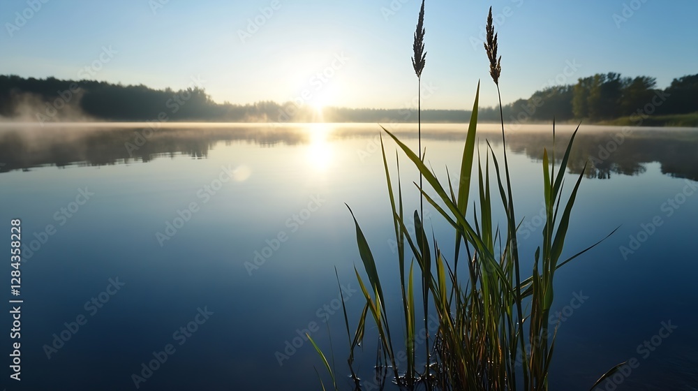 Poster serene sunrise reflection over calm lake with reeds capturing the tranquility of nature : generative