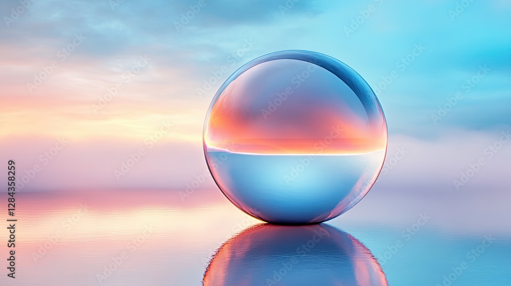 Poster abstract transparent glass spectral sphere with ethereal lines on a misty background, 3d rendering i