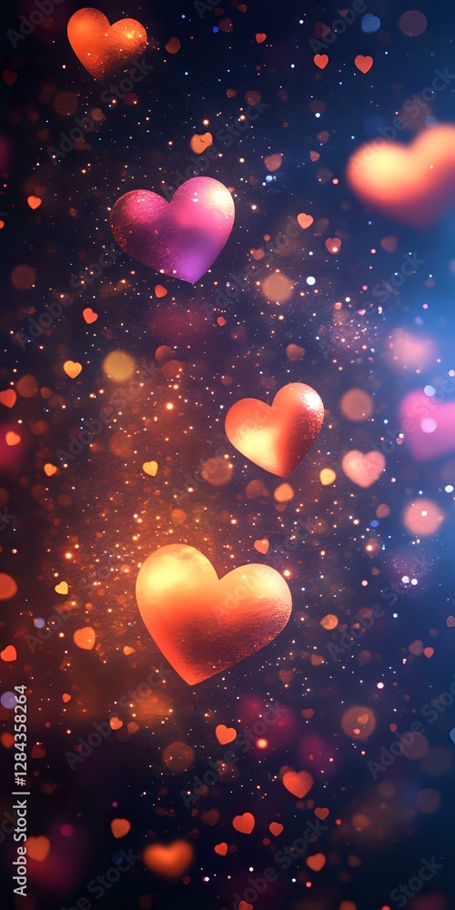 Poster glowing hearts float against dark starry background with orange and pink bokeh effects creating roma
