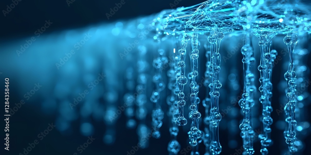 Poster glowing blue digital data streams flowing downward in dark background, representing network connecti