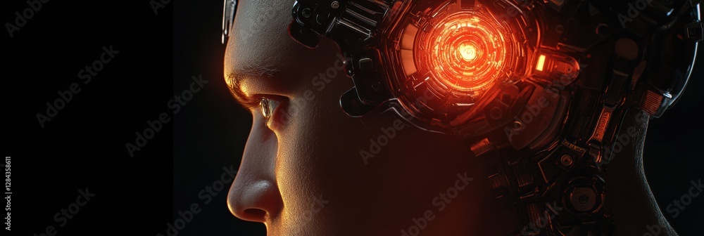 Aufkleber futuristic cybernetic head with glowing eye and mechanical structures in side profile view showcasin