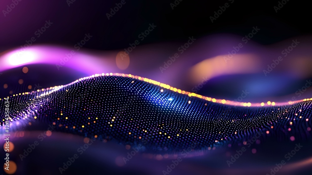 Aufkleber glowing digital wave of connected particles flowing on dark background with purple and blue light ef