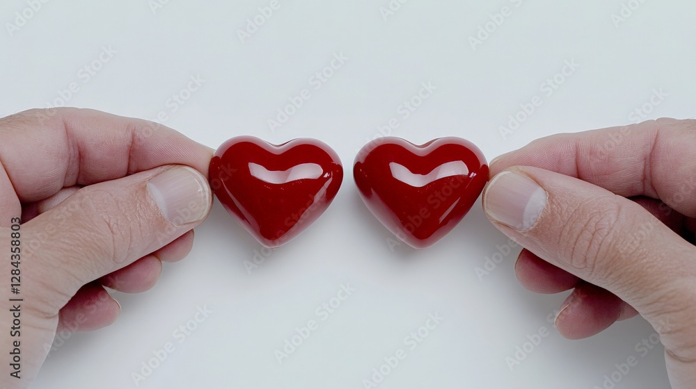 Aufkleber hands holding two red heart-shaped objects on a white background
