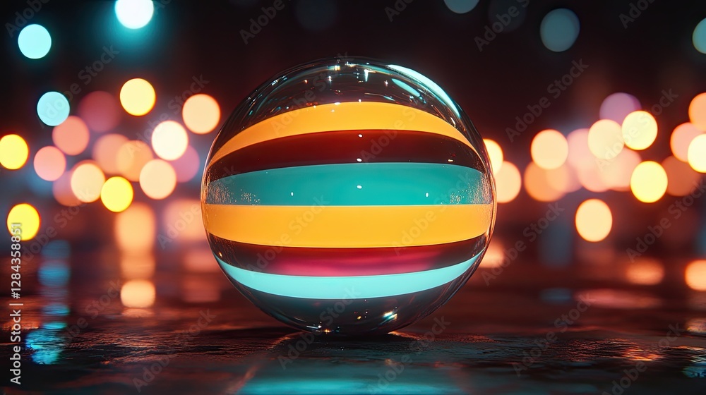 Poster a 3d rendering of an abstract transparent glass crystal sphere featuring glowing concentric lines se