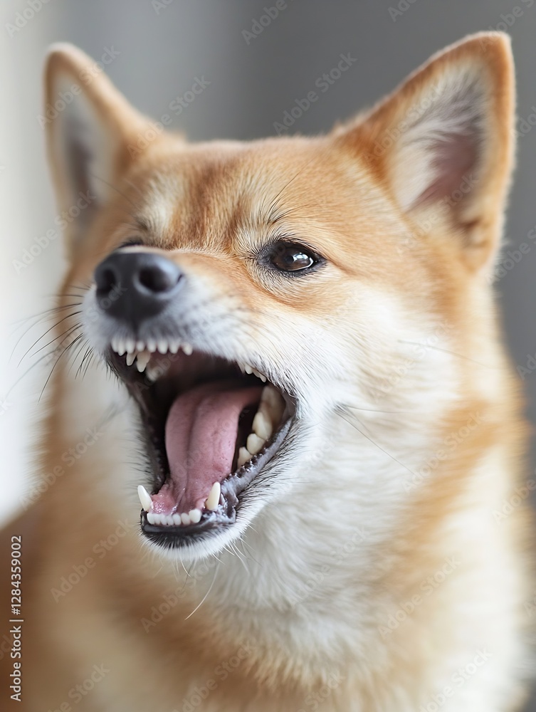 Poster vibrant and fierce expression of a shiba inu dog appearing during playtime : generative ai
