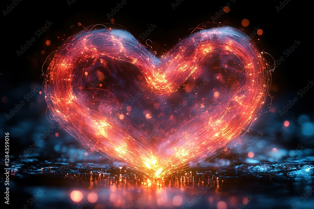 Poster glowing heart of light and energy digital art with bright sparkling lights and a blurred background 