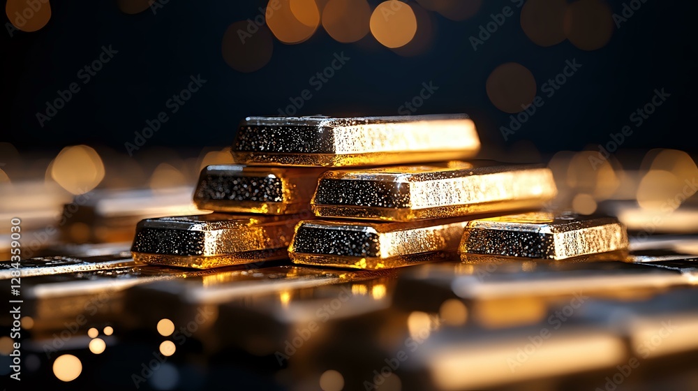 Poster stacked gold bars with reflective surface against dark background with bokeh lights creating luxury 