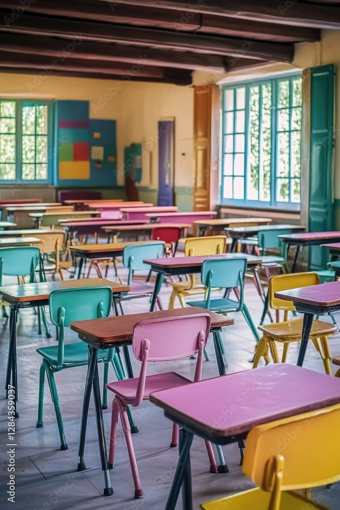 Poster empty classroom with many tables and chairs, awaiting students.