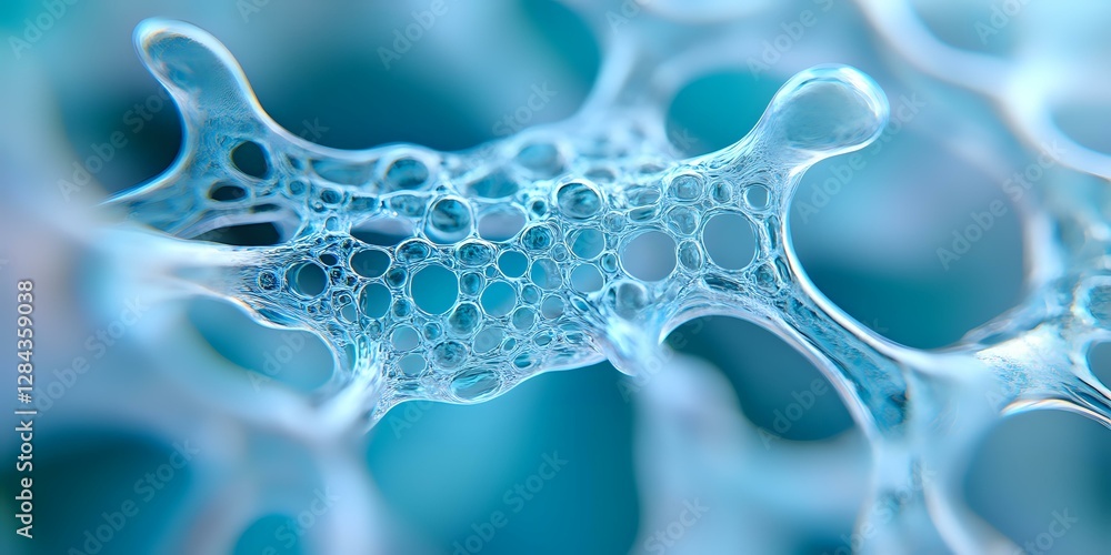 Poster microscopic view of cellular structure with interconnected membranes and bubbles in cyan blue tones 