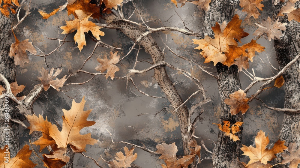 Poster autumn leaves and twisted tree branches on a textured background