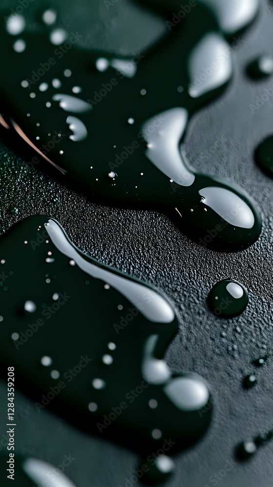 Poster clear water drops on dark green surface create abstract pattern with light reflections and varied dr