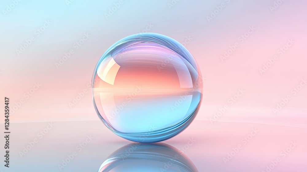 Poster a transparent glass orb adorned with pulsating curved lines on a seamless background, presented as a
