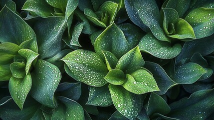 Fototapeta premium A serene close up of green leaves covered in morning dew highlighting the intricate textures and calming tones of nature