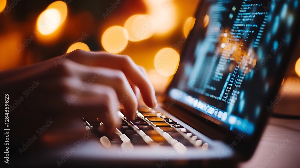 Poster Person typing on a laptop keyboard with blurred lights in the background showcasing a focused coding environment : Generative AI