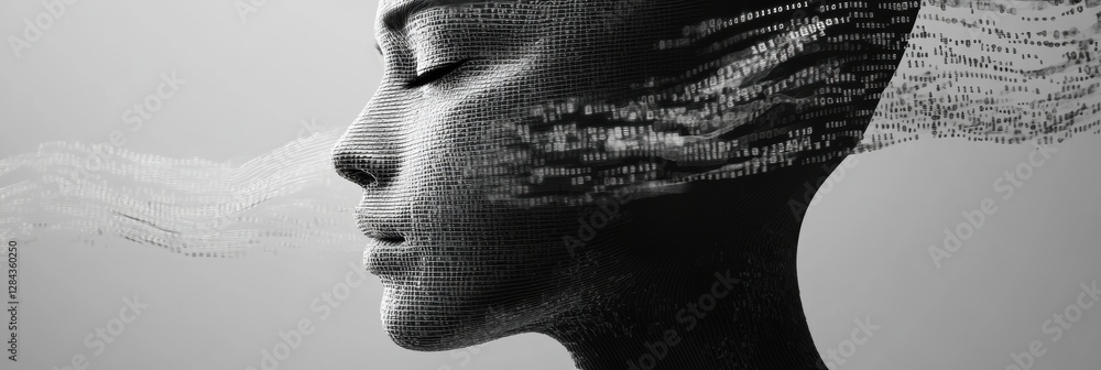 Poster Futuristic human face outline transforming into flowing binary code representing artificial intelligence concepts. Generative AI