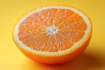 A vibrant halved orange fruit on a sunny yellow backdrop showcases its juicy segments and textured rind full of refreshing citrus goodness