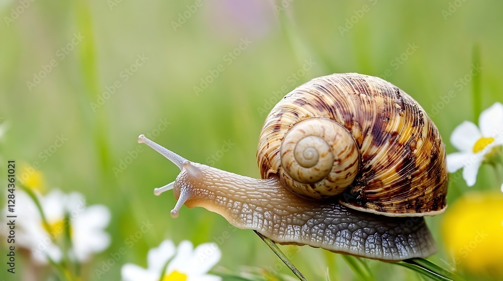 Poster CloseUp of a Snail Crawling on a FlowerLaden Meadow in Spring : Generative AI