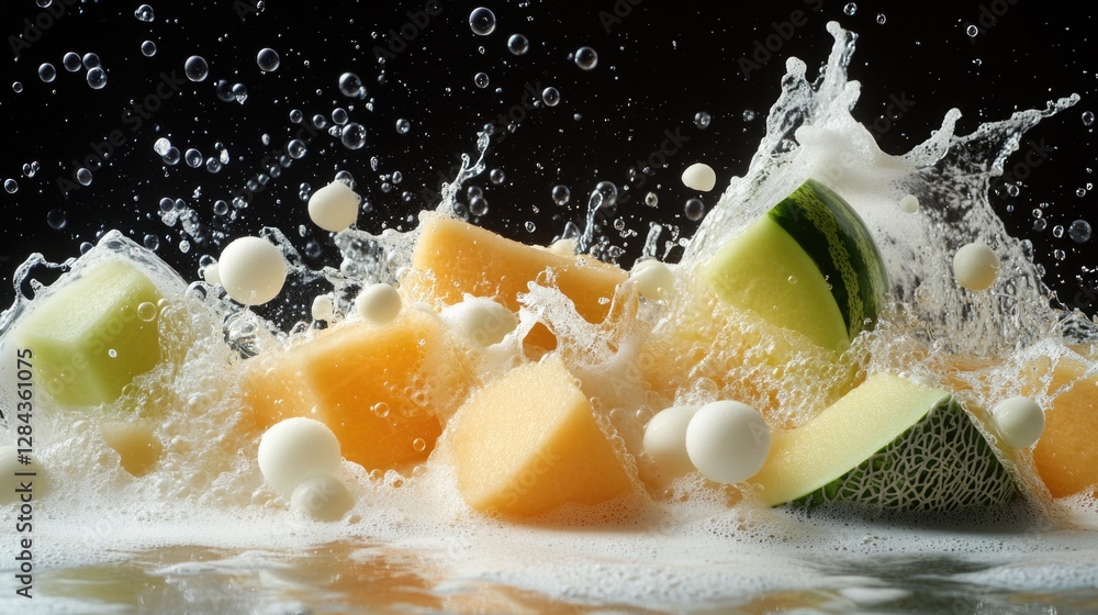 Aufkleber vibrant and refreshing fruit juice with a burst of energy, creating an eruption of bubbles on a tabl