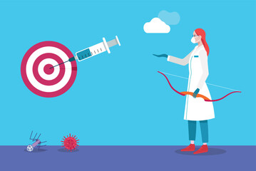 Doctor aiming syringe at target to fight virus using bow and arrow